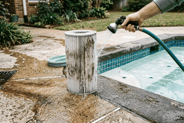 A pleated pool cartridge filter being rinsed with a garden hose on the deck